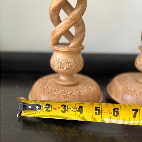 Wood carved pair of 12”candlestick holders decor natural wood - Picture 6 of 8